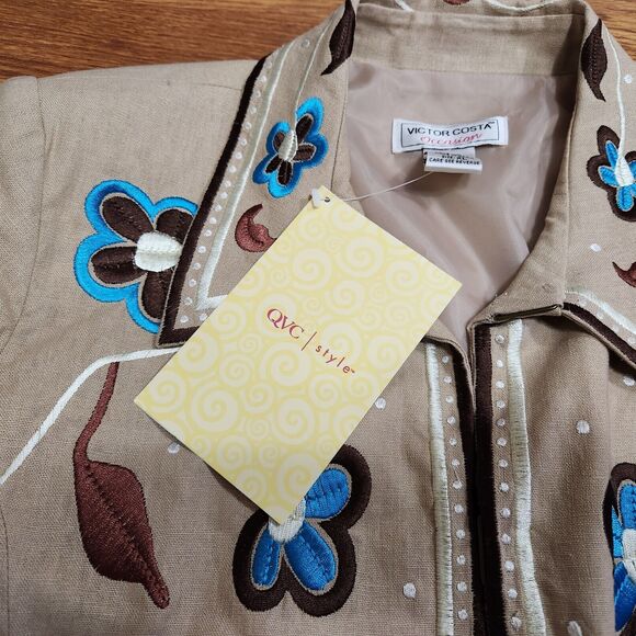 Victor Costa Blazer Womens Size XL Embroidery Floral Blue White Brown NEW - Picture 4 of 5